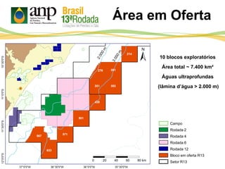 10 blocos exploratórios
Área total ~ 7.400 km²
Águas ultraprofundas
(lâmina d’água > 2.000 m)
Campo
Rodada 2
Rodada 4
Rodada 6
Rodada 12
Bloco em oferta R13
Setor R13
Área em Oferta
 