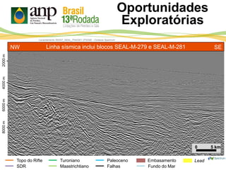 0 5 km
Topo do Rifte
SDR
Turoniano
Maastrichtiano
Paleoceno
Falhas
Embasamento Lead
2000m4000m6000m8000m
-
-
-
-
Levantamento R0257_SEAL_PHASE1 (PSDM) - Cortesia Spectrum
Fundo do Mar
Linha sísmica inclui blocos SEAL-M-279 e SEAL-M-281NW SE
Oportunidades
Exploratórias
 