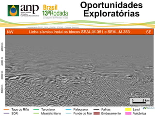 Vulcânica
Topo do Rifte
SDR
Turoniano
Maastrichtiano
Paleoceno
Fundo do Mar Embasamento
Lead
Linha sísmica inclui os blocos SEAL-M-351 e SEAL-M-353
Levantamento R0257_SEAL_PHASE1 (PSDM) - Cortesia Spectrum
0 5 km
2000m4000m6000m8000m
-
-
-
-
NW SE
Falhas
Oportunidades
Exploratórias
 