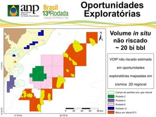Campo de petróleo e/ou gás natural
Rodada 2
Rodada 4
Rodada 6
Rodada 12
Bloco em oferta R13
Volume in situ
não riscado
~ 20 bi bbl
VOIP não riscado estimado
em oportunidades
exploratórias mapeadas em
sísmica 2D regional
Oportunidades
Exploratórias
 