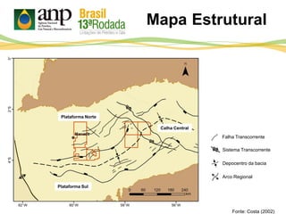 Mapa Estrutural
Falha Transcorrente
Depocentro da bacia
Arco Regional
Fonte: Costa (2002)
Plataforma Norte
Plataforma Sul
Calha Central
Sistema Transcorrente
 