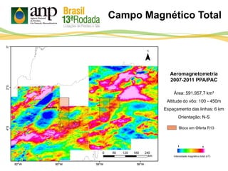 Campo Magnético Total
Aeromagnetometria
2007-2011 PPA/PAC
Área: 591.957,7 km²
Altitude do vôo: 100 - 450m
Espaçamento das linhas: 6 km
Orientação: N-S
Intensidade magnética total (nT)
+
-
Bloco em Oferta R13
 