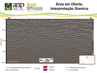 Falha
Monte Alegre
Reservatório Nova Olinda
Embasamento Evaporito
Intrusão
Área em Oferta:
Interpretação Sísmica
500
1000
tempo(ms)
2000
0
1500
SENW
Discordância Paleozoico-Cretáceo
Linha 0219-0253
 