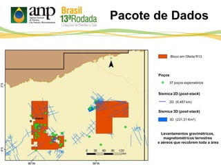 Pacote de Dados
37 poços exploratórios
Poços
3D (231,31 Km2)
Sísmica 3D (post-stack)
Bloco em Oferta R13
Levantamentos gravimétricos,
magnetométricos terrestres
e aéreos que recobrem toda a área
Sísmica 2D (post-stack)
2D (6.487 km)
 