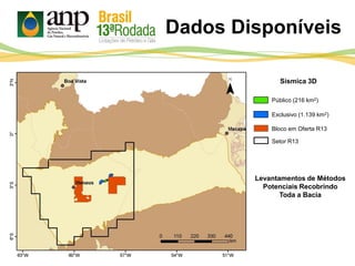 Público (216 km2)
Exclusivo (1.139 km2)
Sísmica 3D
Levantamentos de Métodos
Potenciais Recobrindo
Toda a Bacia
Bloco em Oferta R13
Setor R13
Dados Disponíveis
 