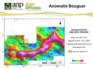 Anomalia Bouguer
Aerogravimetria
2007-2011 PPA/PAC
Área: 591.957,7 km²
Altitude do vôo: 100 - 450m
Espaçamento das linhas: 6 km
Orientação: N-S
Anomalia Bouguer Completa (mGal)
+
-
Bloco em Oferta R13
 