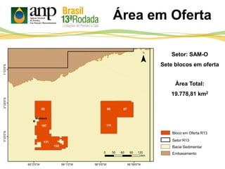Área em Oferta
Bloco em Oferta R13
Setor R13
Bacia Sedimentar
Embasamento
Setor: SAM-O
Sete blocos em oferta
Área Total:
19.778,81 km2
 