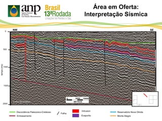 Falha
Monte Alegre
Reservatório Nova Olinda
Embasamento Evaporito
Intrusion
Área em Oferta:
Interpretação Sísmica
500
1000
tempo(ms)
2000
0
1500
SENW
Discordância Paleozoico-Cretáceo
Linha 0219-0253
 