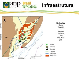 Infraestrutura
Bloco R13
Gasoduto
Oleoduto
Refinaria
Terminal
UPGN
Refinarias
Rlam
Dax Oil
UPGNs
Candeias
Catu
URGN-3
EVF
 