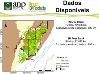 Dados
Disponíveis
Post Stack
2D Pre Stack
Pública: 12.888 km
Exclusivos e não exclusivos: 602 km
2D Post Stack
Pública: 22.822 km
Exclusivos e não exclusivos: 457 km
Bloco R13
Setor
Pre Stack
Sísmica 2D
 
