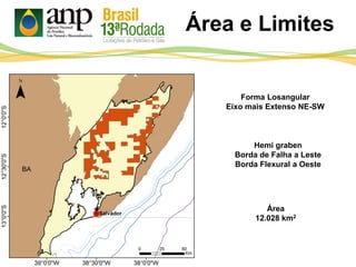 Área e Limites
Área
12.028 km2
Forma Losangular
Eixo mais Extenso NE-SW
Hemi graben
Borda de Falha a Leste
Borda Flexural a Oeste
 