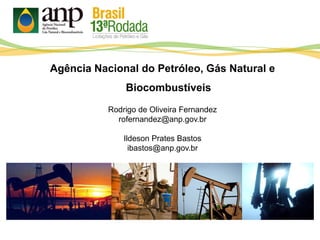 Agência Nacional do Petróleo, Gás Natural e
Biocombustíveis
Rodrigo de Oliveira Fernandez
rofernandez@anp.gov.br
Ildeson Prates Bastos
ibastos@anp.gov.br
 