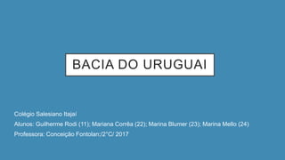 BACIA DO URUGUAI
Colégio Salesiano Itajaí
Alunos: Guilherme Rodi (11); Mariana Corrêa (22); Marina Blumer (23); Marina Mello (24)
Professora: Conceição Fontolan;/2°C/ 2017
 