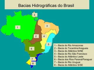 Bacias Hidrográficas do Brasil
1 – Bacia do Rio Amazonas
2 – Bacia do Tocantins/Araguaia
3 – Bacia do Atlântico N/NE
4 – Bacia do Rio São Francisco
5 – Bacia do Atlântico Leste
6 – Bacia dos Rios Paraná/Paraguai
7 – Bacia do Rio Uruguai
8 – Bacia do Atlântico S/SE
1
7
6
5
42
3
8
3
 