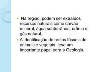   Na região, podem ser extraídos
  recursos naturais como carvão
  mineral, água subterrânea, urânio e
  gás natural.
 A identificação de restos fósseis de
  animais e vegetais teve um
  importante papel para a Geologia.
 