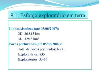 Linhas sísmicas (até 05/06/2007):
2D: 36.815 km
3D: 3.948 km²
Poços perfurados (até 05/06/2007):
Total de poços perfurados: 6.271
Exploratórios: 835
Explotatórios: 5.436
 