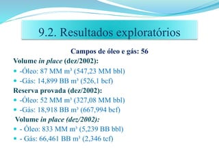 Campos de óleo e gás: 56
Volume in place (dez/2002):
 -Óleo: 87 MM m³ (547,23 MM bbl)
 -Gás: 14,899 BB m³ (526,1 bcf)
Reserva provada (dez/2002):
 -Óleo: 52 MM m³ (327,08 MM bbl)
 -Gás: 18,918 BB m³ (667,994 bcf)
Volume in place (dez/2002):
 - Óleo: 833 MM m³ (5,239 BB bbl)
 - Gás: 66,461 BB m³ (2,346 tcf)
9.2. Resultados exploratórios
 
