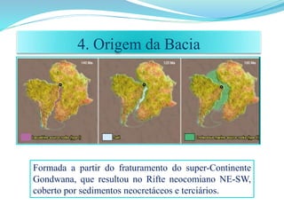 4. Origem da Bacia
Formada a partir do fraturamento do super-Continente
Gondwana, que resultou no Rifte neocomiano NE-SW,
coberto por sedimentos neocretáceos e terciários.
 