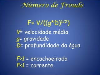 F= V/((g*D)1/2)
Número de Froude
V= velocidade média
g= gravidade
D= profundidade da água
F>1 = encachoeirado
F<1 = corrente
 