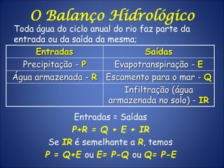 O Balanço Hidrológico
Toda água do ciclo anual do rio faz parte da
entrada ou da saída da mesma;
Entradas Saídas
Precipitação - P Evapotranspiração - E
Água armazenada - R Escamento para o mar - Q
Infiltração (água
armazenada no solo) - IR
Entradas = Saídas
P+R = Q + E + IR
Se IR é semelhante a R, temos
P = Q+E ou E= P-Q ou Q= P-E
 