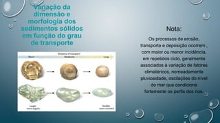 Variação da
dimensão e
morfologia dos
sedimentos sólidos
em função do grau
de transporte
Nota:
Os processos de erosão,
transporte e deposição ocorrem ,
com maior ou menor incidência,
em repetidos ciclo, geralmente
associados à variação de fatores
climatéricos, nomeadamente
pluviosidade, oscilações do nível
do mar que condiciona
fortemente os perfis dos rios.
 