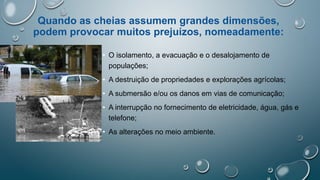 Quando as cheias assumem grandes dimensões,
podem provocar muitos prejuízos, nomeadamente:
• O isolamento, a evacuação e o desalojamento de
populações;
• A destruição de propriedades e explorações agrícolas;
• A submersão e/ou os danos em vias de comunicação;
• A interrupção no fornecimento de eletricidade, água, gás e
telefone;
• As alterações no meio ambiente.
 