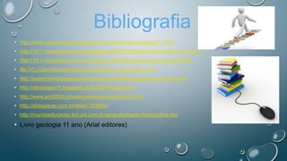 Bibliografia
• http://www.colegiovascodagama.pt/ciencias3c/onze/geologia1.1.html
• http://10-1-modulosrecorrente.blogspot.pt/2009/03/bacias-hidrograficas_20.html
• http://10-1-modulosrecorrente.blogspot.pt/2009/03/bacias-hidrograficas.html
• file:///C:/Users/Margarida/Downloads/geo_bacias%20(3).pdf
• http://supercraniosdageologia.blogspot.pt/2008/02/extraco-de-inertes.html
• http://abcbiogeo11.blogspot.pt/2010/03/cheias.html
• http://www.prof2000.pt/users/elisabethm/geo8/rio3.htm
• http://slideplayer.com.br/slide/7309896/
• http://mundoeducacao.bol.uol.com.br/geografia/bacia-hidrografica.htm
• Livro geologia 11 ano (Arial editores)
 
