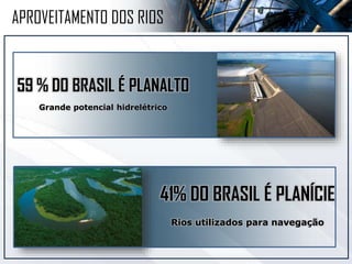 59 % DO BRASIL É PLANALTO
Grande potencial hidrelétrico
APROVEITAMENTO DOS RIOS
41% DO BRASIL É PLANÍCIE
Rios utilizados para navegação
 