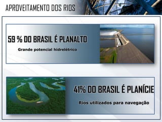 59 % DO BRASIL É PLANALTO
Grande potencial hidrelétrico
APROVEITAMENTO DOS RIOS
41% DO BRASIL É PLANÍCIE
Rios utilizados para navegação
 