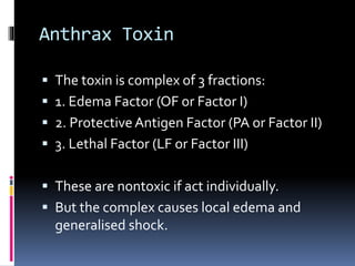 Anthrax Toxin
 The toxin is complex of 3 fractions:
 1. Edema Factor (OF or Factor I)
 2. ProtectiveAntigen Factor (PA or Factor II)
 3. Lethal Factor (LF or Factor III)
 These are nontoxic if act individually.
 But the complex causes local edema and
generalised shock.
 