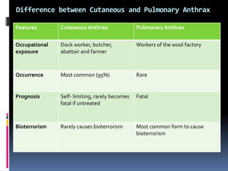 Features Cutaneous Anthrax Pulmonary Anthrax
Occupational
exposure
Dock worker, butcher,
abattoir and farmer
Workers of the wool factory
Occurrence Most common (95%) Rare
Prognosis Self- limiting, rarely becomes
fatal if untreated
Fatal
Bioterrorism Rarely causes bioterrorism Most common form to cause
bioterrorism
Difference between Cutaneous and Pulmonary Anthrax
 