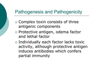 Pathogenesis and Pathogenicity
 Complex toxin consists of three
antigenic components
 Protective antigen, odema factor
and lethal factor
 Individually each factor lacks toxic
activity, although protective antigen
induces antibodies which confers
partial immunity
 