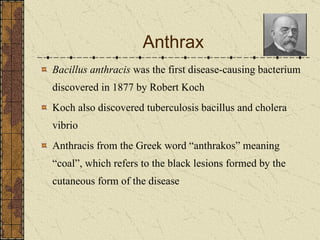 Anthrax Bacillus anthracis  was the first disease-causing bacterium discovered in 1877 by Robert Koch Koch also discovered tuberculosis bacillus and cholera vibrio Anthracis from the Greek word “anthrakos” meaning “coal”, which refers to the black lesions formed by the cutaneous form of the disease 