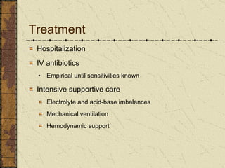 Treatment Hospitalization IV antibiotics Empirical until sensitivities known Intensive supportive care Electrolyte and acid-base imbalances Mechanical ventilation Hemodynamic support  