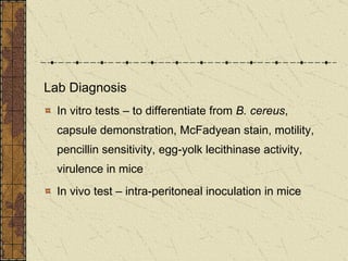Lab Diagnosis In vitro tests – to differentiate from  B. cereus ,  capsule demonstration, McFadyean stain, motility, pencillin sensitivity, egg-yolk lecithinase activity, virulence in mice In vivo test – intra-peritoneal inoculation in mice 
