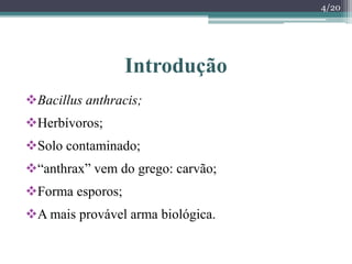 Introdução
Bacillus anthracis;
Herbívoros;
Solo contaminado;
“anthrax” vem do grego: carvão;
Forma esporos;
A mais provável arma biológica.
4/20
 