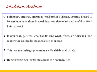  Pulmonary anthrax, known as ‘wool-sorter’s disease, because it used to
be common in workers in wool factories, due to inhalation of dust from
infected wool.
 It occurs in patients who handle raw wool, hides, or horsehair and
acquire the disease by the inhalation of spores.
 This is a hemorrhagic pneumonia with a high fatality rate.
 Hemorrhagic meningitis may occur as a complication
Inhalation Anthrax
 