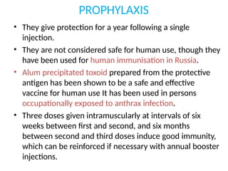 PROPHYLAXIS
• They give protection for a year following a single
injection.
• They are not considered safe for human use, though they
have been used for human immunisation in Russia.
• Alum precipitated toxoid prepared from the protective
antigen has been shown to be a safe and effective
vaccine for human use It has been used in persons
occupationally exposed to anthrax infection.
• Three doses given intramuscularly at intervals of six
weeks between first and second, and six months
between second and third doses induce good immunity,
which can be reinforced if necessary with annual booster
injections.
 