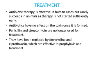 TREATMENT
• Antibiotic therapy is effective in human cases but rarely
succeeds in animals as therapy is not started sufficiently
early.
• Antibiotics have no effect on the toxin once it is formed.
• Penicillin and streptomycin are no longer used for
treatment.
• They have been replaced by doxycycline and
ciprofloxacin, which are effective in prophylaxis and
treatment.
 
