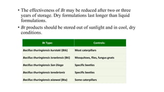 Bt Type: Controls:
Bacillus thuringiensis kurstaki (Btk) Most caterpillars
Bacillus thuringiensis israelensis (Bti) Mosquitoes, flies, fungus gnats
Bacillus thuringiensis San Diego Specific beetles
Bacillus thuringiensis tenebrionis Specific beetles
Bacillus thuringiensis aizawai (Bta) Some caterpillars
• The effectiveness of Bt may be reduced after two or three
years of storage. Dry formulations last longer than liquid
formulations.
• Bt products should be stored out of sunlight and in cool, dry
conditions.
 