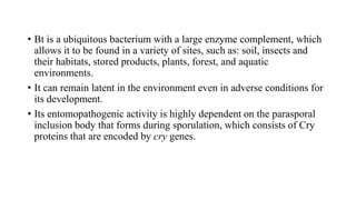 • Bt is a ubiquitous bacterium with a large enzyme complement, which
allows it to be found in a variety of sites, such as: soil, insects and
their habitats, stored products, plants, forest, and aquatic
environments.
• It can remain latent in the environment even in adverse conditions for
its development.
• Its entomopathogenic activity is highly dependent on the parasporal
inclusion body that forms during sporulation, which consists of Cry
proteins that are encoded by cry genes.
 