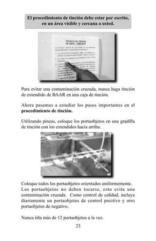 El procedimiento de tinción debe estar por escrito,
          en un área visible y cercana a usted.




Para evitar una contaminación cruzada, nunca haga tinción
de extendido de BAAR en una caja de tinción.

Ahora pasemos a estudiar los pasos importantes en el
procedimiento de tinción.

Utilizando pinzas, coloque los portaobjetos en una gradilla
de tinción con los extendidos hacia arriba.




Coloque todos los portaobjetos orientados uniformemente.
Los portaobjetos no deben tocarse, esto evita una
contaminación cruzada. Como control de calidad, incluya
diariamente un portaobjetos de control positivo y otro
portaobjetos de negativo.

Nunca tiña más de 12 portaobjetos a la vez.
                            23
 