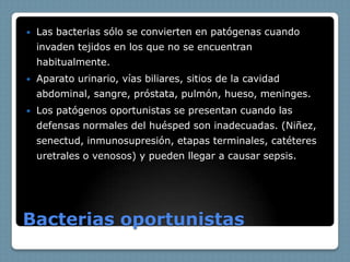    Las bacterias sólo se convierten en patógenas cuando
    invaden tejidos en los que no se encuentran
    habitualmente.
   Aparato urinario, vías biliares, sitios de la cavidad
    abdominal, sangre, próstata, pulmón, hueso, meninges.
   Los patógenos oportunistas se presentan cuando las
    defensas normales del huésped son inadecuadas. (Niñez,
    senectud, inmunosupresión, etapas terminales, catéteres
    uretrales o venosos) y pueden llegar a causar sepsis.




Bacterias oportunistas
 