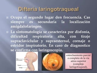    Ocupa el segundo lugar den frecuencia. Cas
    siempre es secundaria la localización
    amigdalofaringeo.
   La sintomatología se caracteriza por disfonía,
    dificultad respiratoria alta, con tiraje
    supraclaviclular y supraesternal, cornaje o
    estridor inspiratorio. En caso de diagnostico
    se confirma con laringoscopia.
                                    estrechamiento parcial
                                     o completo de la vía
                                        aérea superior
                                           (complejo
                                       laringotraqueal),
 