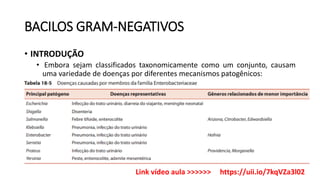 BACILOS GRAM-NEGATIVOS
• INTRODUÇÃO
• Embora sejam classificados taxonomicamente como um conjunto, causam
uma variedade de doenças por diferentes mecanismos patogênicos:
Link vídeo aula >>>>>> https://uii.io/7kqVZa3l02
 
