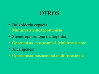 OTROS Bulkolderia cepacia  Multirresistente.Oportunista Stenotrophormona maltophilia: Oportunista -nosocomial .Multirresistente Alcaligenes: Oportunisra-nosocomial.multirresistente 