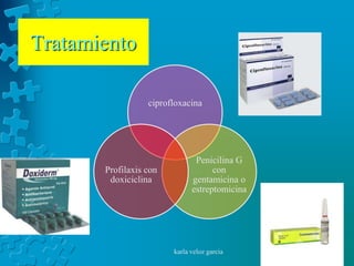 Tratamiento

                  ciprofloxacina




                               Penicilina G
       Profilaxis con               con
        doxiciclina           gentamicina o
                              estreptomicina




                        karla veloz garcia
 