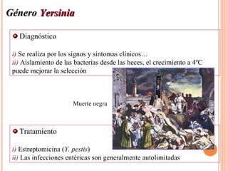 Género Yersinia

   Diagnóstico

 i) Se realiza por los signos y síntomas clínicos…
 ii) Aislamiento de las bacterias desde las heces, el crecimiento a 4ºC
 puede mejorar la selección



                       Muerte negra



   Tratamiento

 i) Estreptomicina (Y. pestis)
 ii) Las infecciones entéricas son generalmente autolimitadas
 