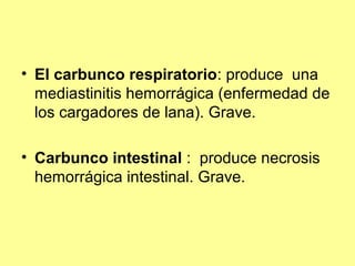• El carbunco respiratorio: produce una
mediastinitis hemorrágica (enfermedad de
los cargadores de lana). Grave.
• Carbunco intestinal : produce necrosis
hemorrágica intestinal. Grave.

 