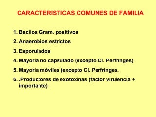 CARACTERISTICAS COMUNES DE FAMILIA
1. Bacilos Gram. positivos
2. Anaerobios estrictos
3. Esporulados
4. Mayoría no capsulado (excepto Cl. Perfringes)
5. Mayoría móviles (excepto Cl. Perfringes.
6. .Productores de exotoxinas (factor virulencia +
importante)

 